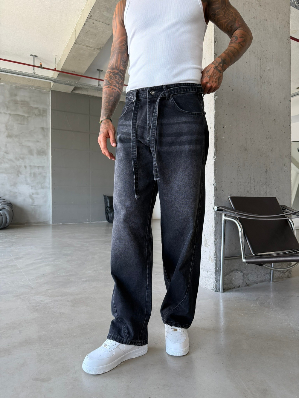 Bel Kemer Detaylı Premium Baggy Pantolon - Siyah