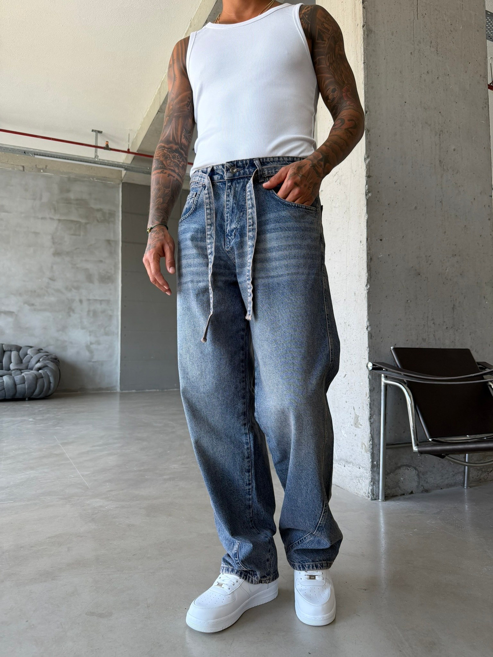 Bel Kemer Detaylı Premium Baggy Pantolon - Mavi