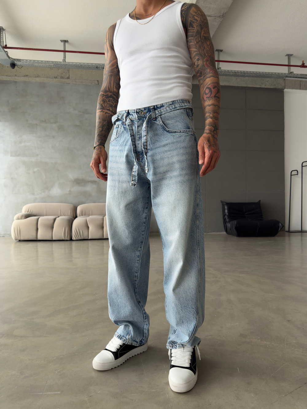 Bel Kemer Detaylı Premium Baggy Pantolon - Mavi