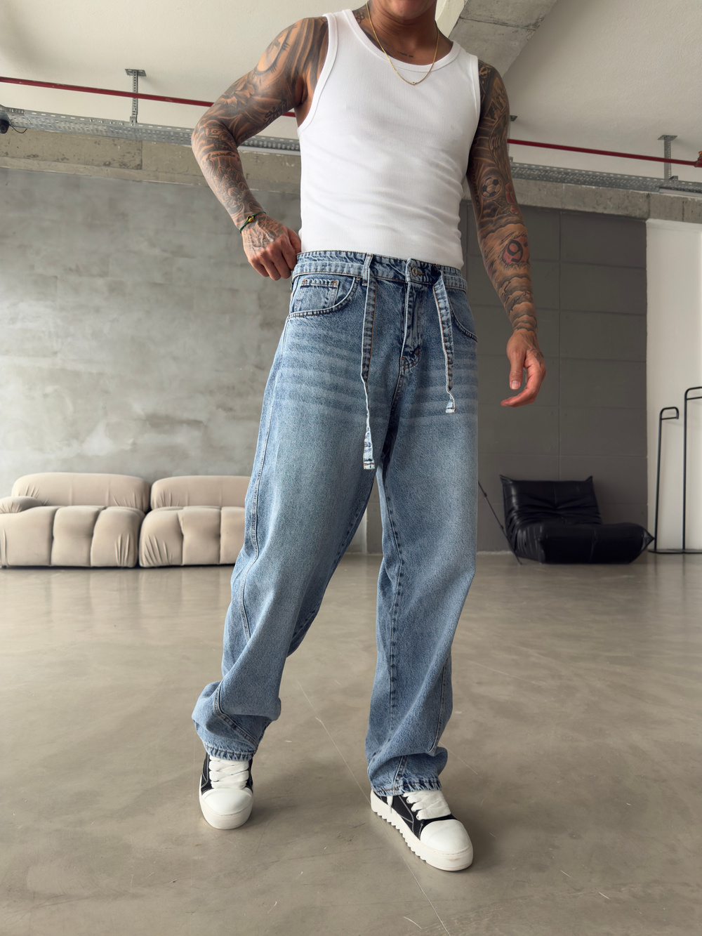 Bel Kemer Detaylı Premium Baggy Pantolon - İndigo