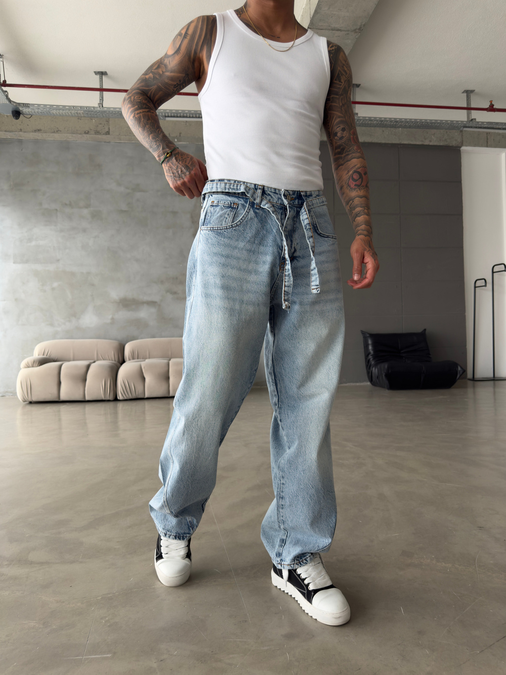 Bel Kemer Detaylı Premium Baggy Pantolon - Mavi