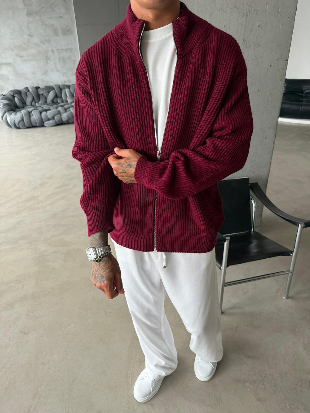 Bordeaux Zip Knit Hırka