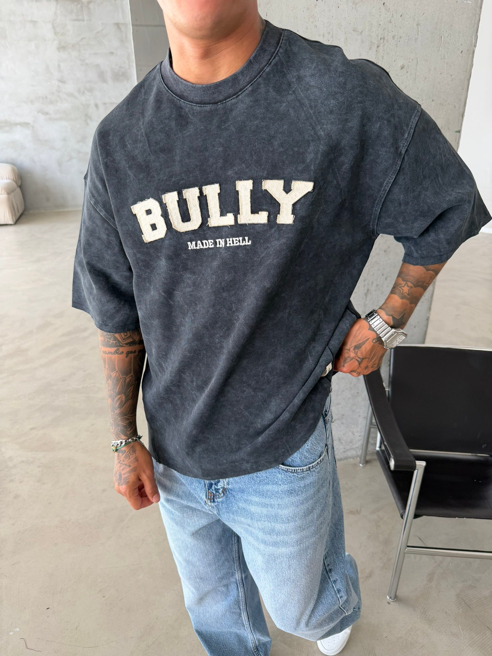 BULLY Premium Yıkamalı Nakış İşleme T-Shirt - Siyah