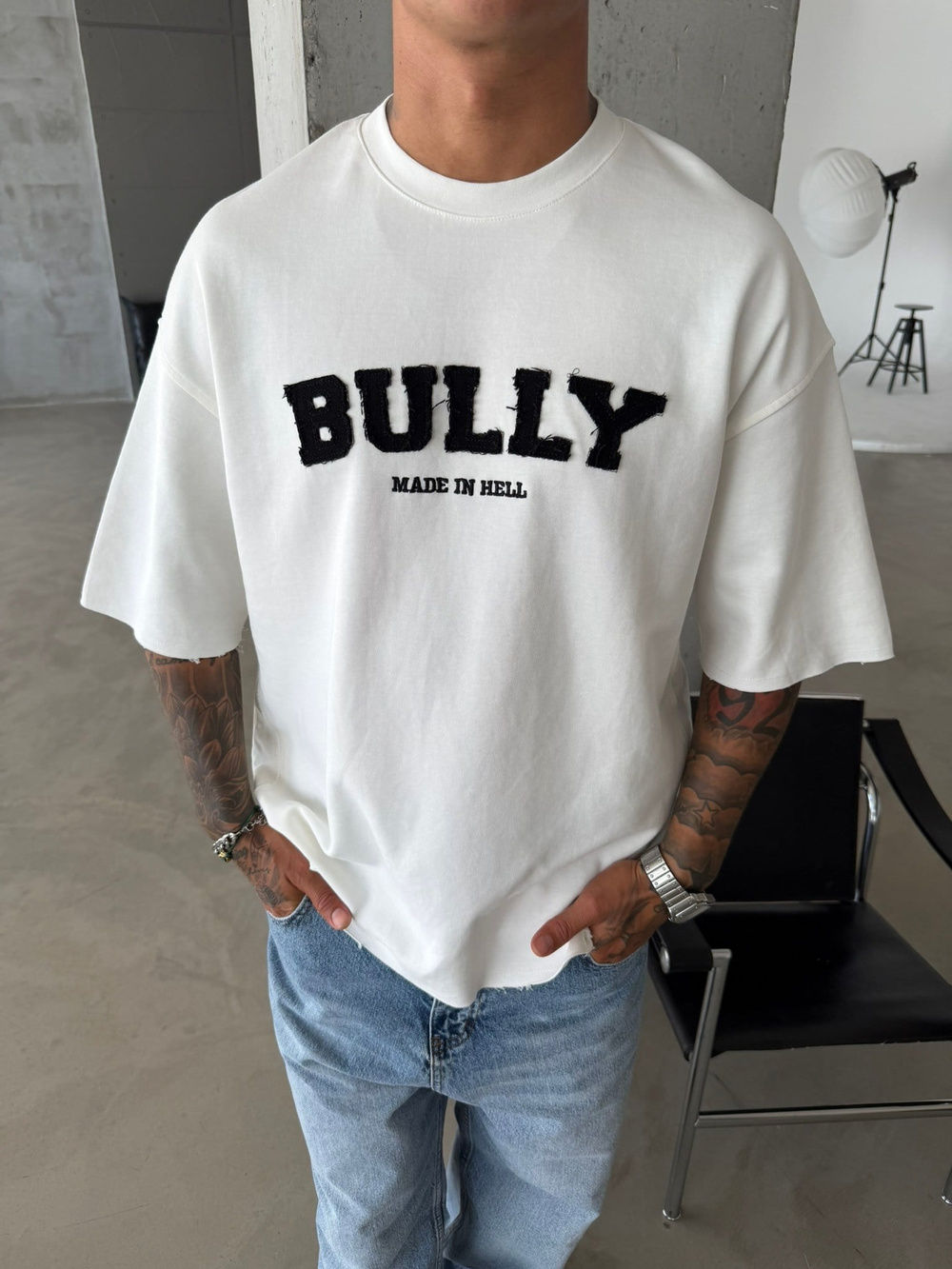 BULLY Premium Yıkamalı Nakış İşleme T-Shirt - Beyaz