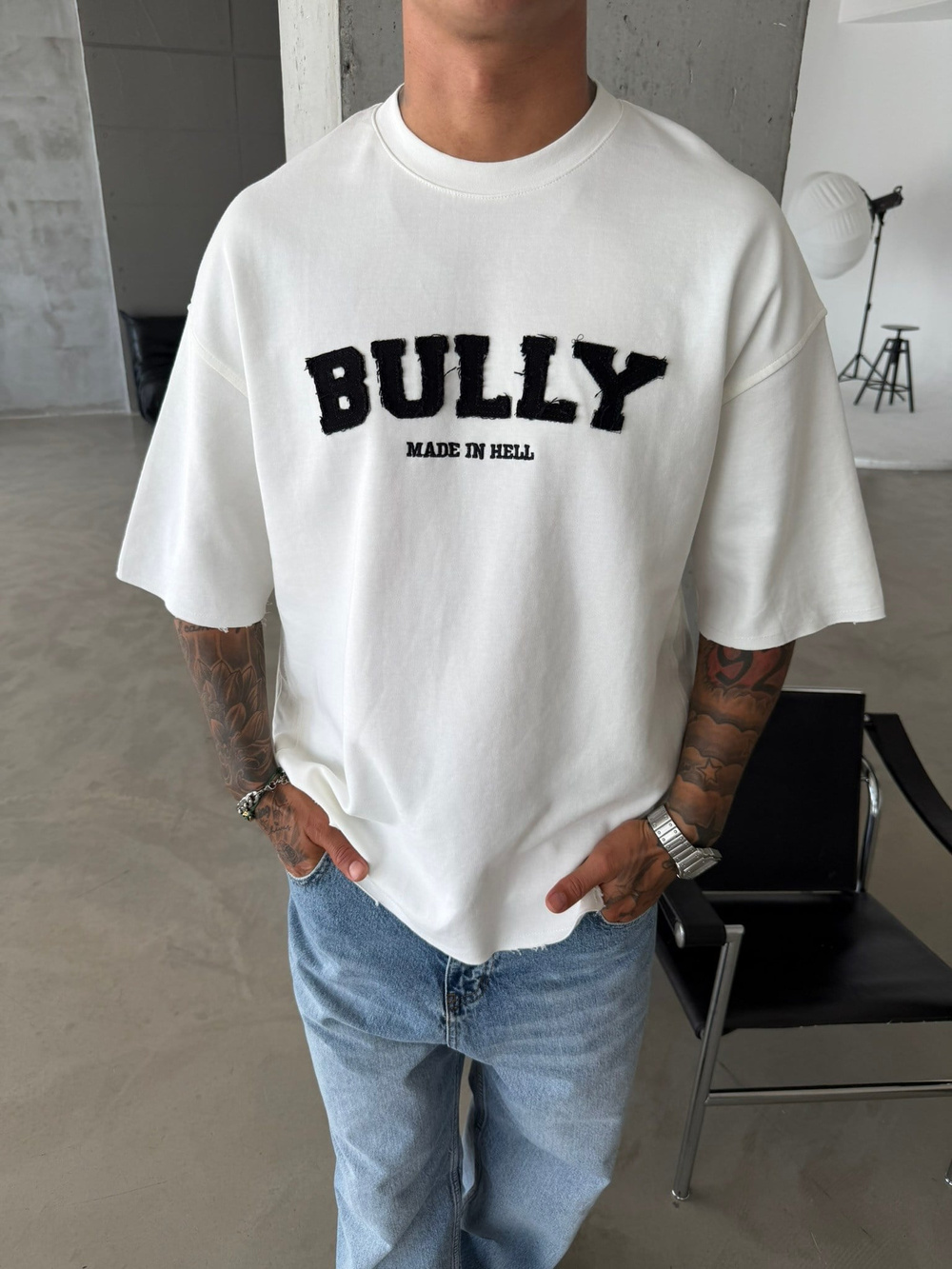 BULLY Premium Yıkamalı Nakış İşleme T-Shirt - Beyaz