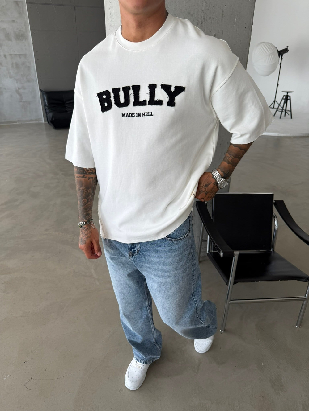 BULLY Premium Yıkamalı Nakış İşleme T-Shirt - Beyaz