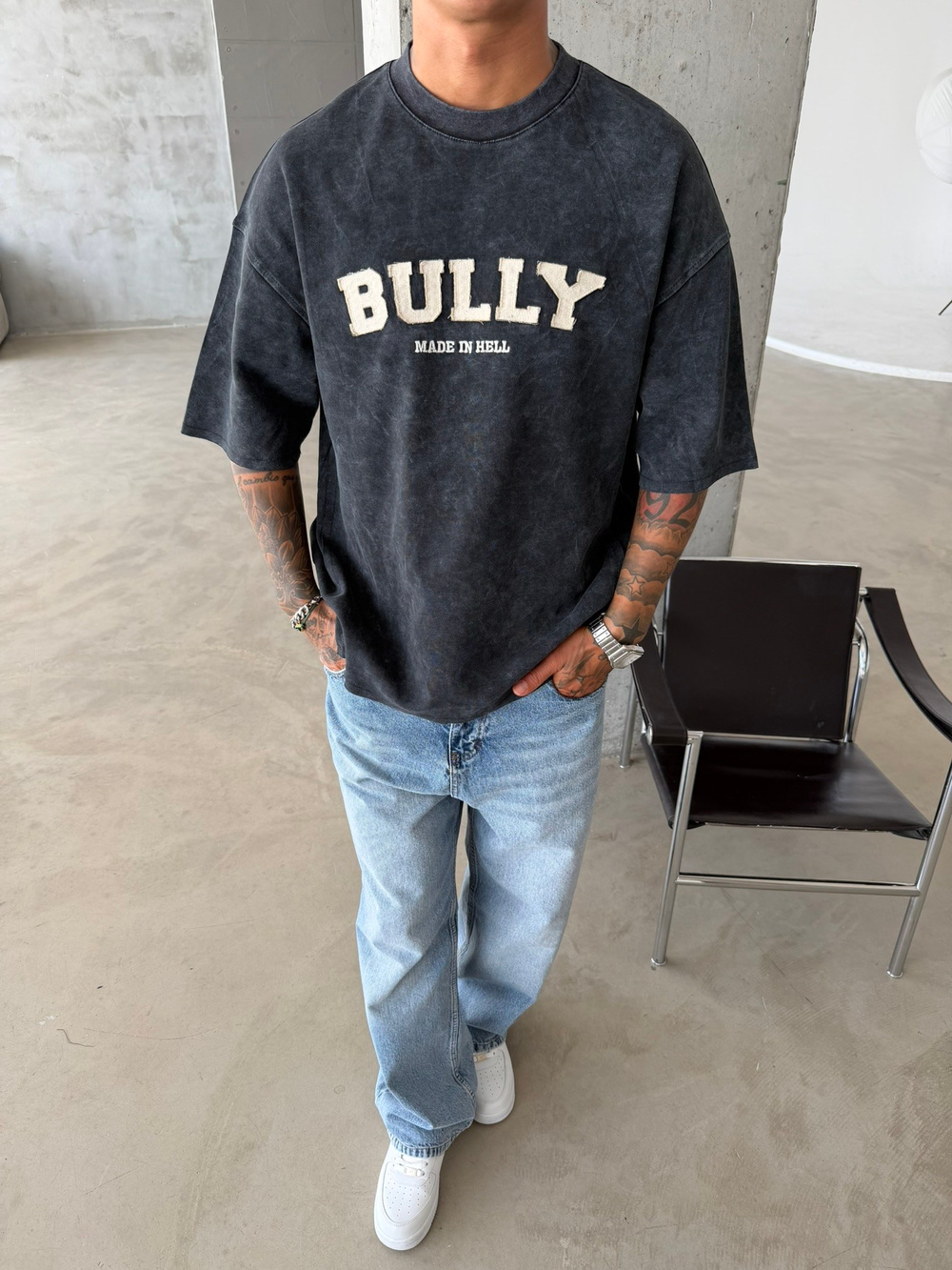 BULLY Premium Yıkamalı Nakış İşleme T-Shirt - Siyah
