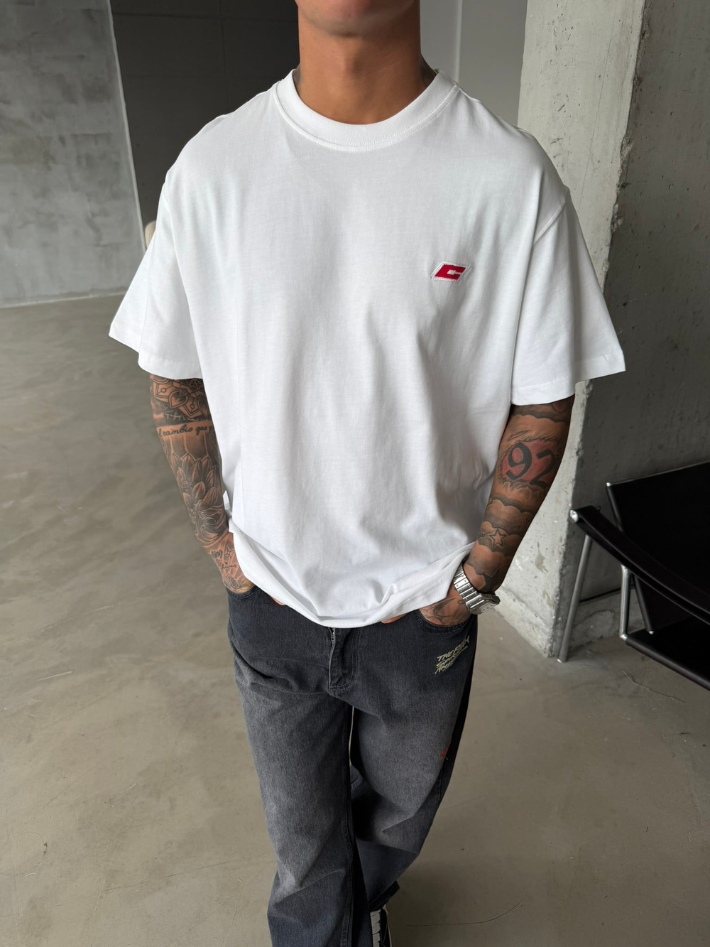 C Nakışlı Premium Basic T-Shirt - Beyaz