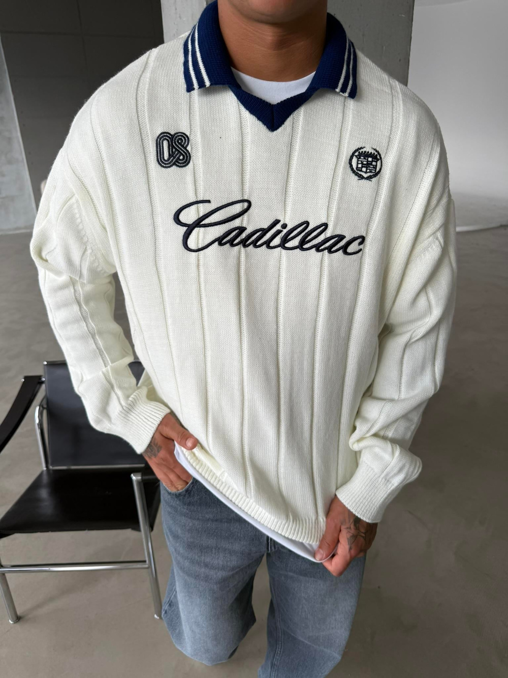 Cadillac Nakışlı Polo Yaka Triko - Beyaz