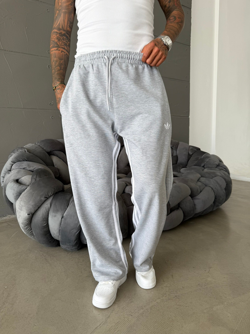 Cift Ters Şeritli Premium Baggy Eşofman - Gri