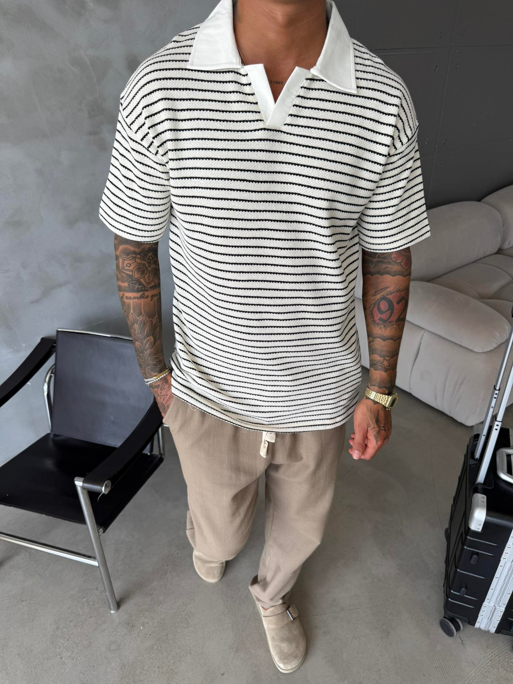 Cizgi Dokuma Polo Yaka T-Shirt - Siyah