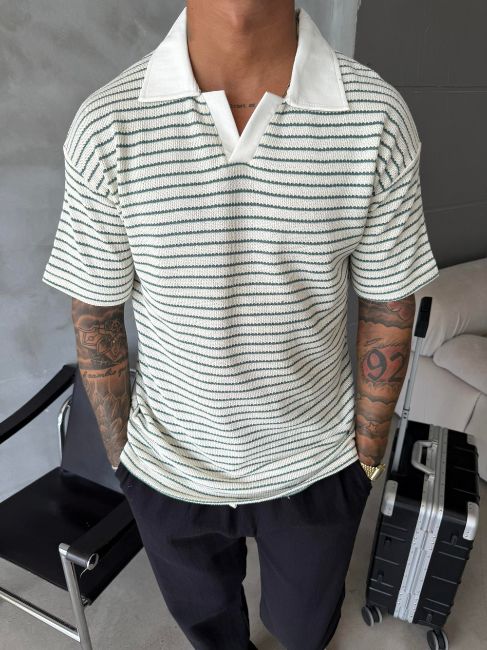 Cizgi Dokuma Polo Yaka T-Shirt - Yeşil