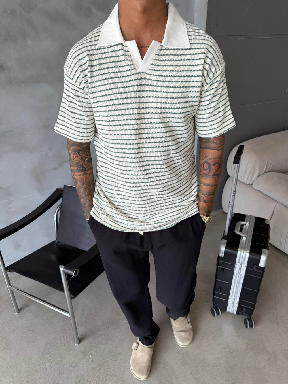 Cizgi Dokuma Polo Yaka T-Shirt - Yeşil