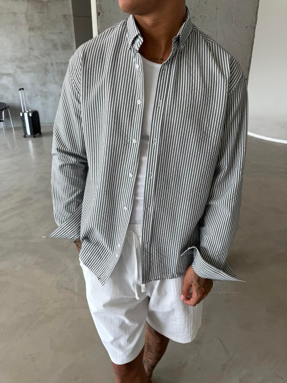 Cizgili Basic Gömlek - Gri