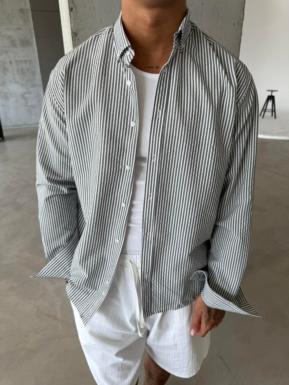 Cizgili Basic Gömlek - Gri