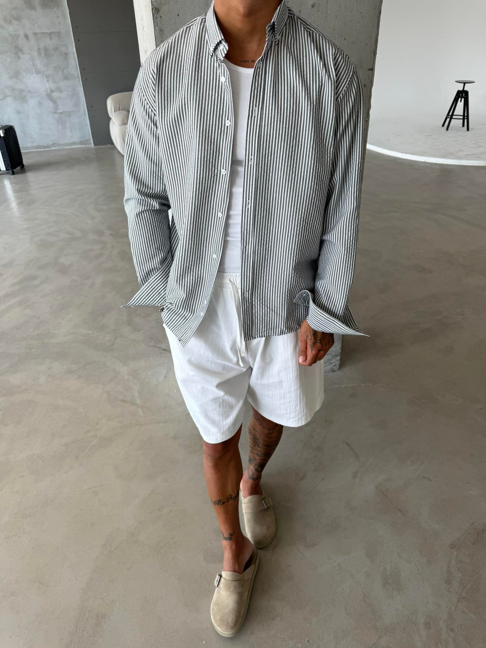 Cizgili Basic Gömlek - Gri