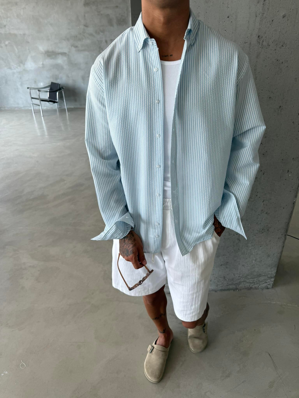 Cizgili Basic Gömlek - Mavi