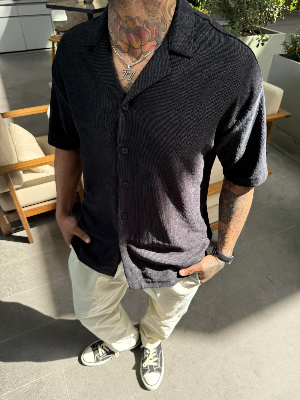 Cizgili Dokulu Gömlek - Siyah