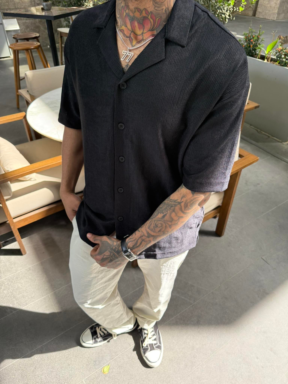 Cizgili Dokulu Gömlek - Siyah