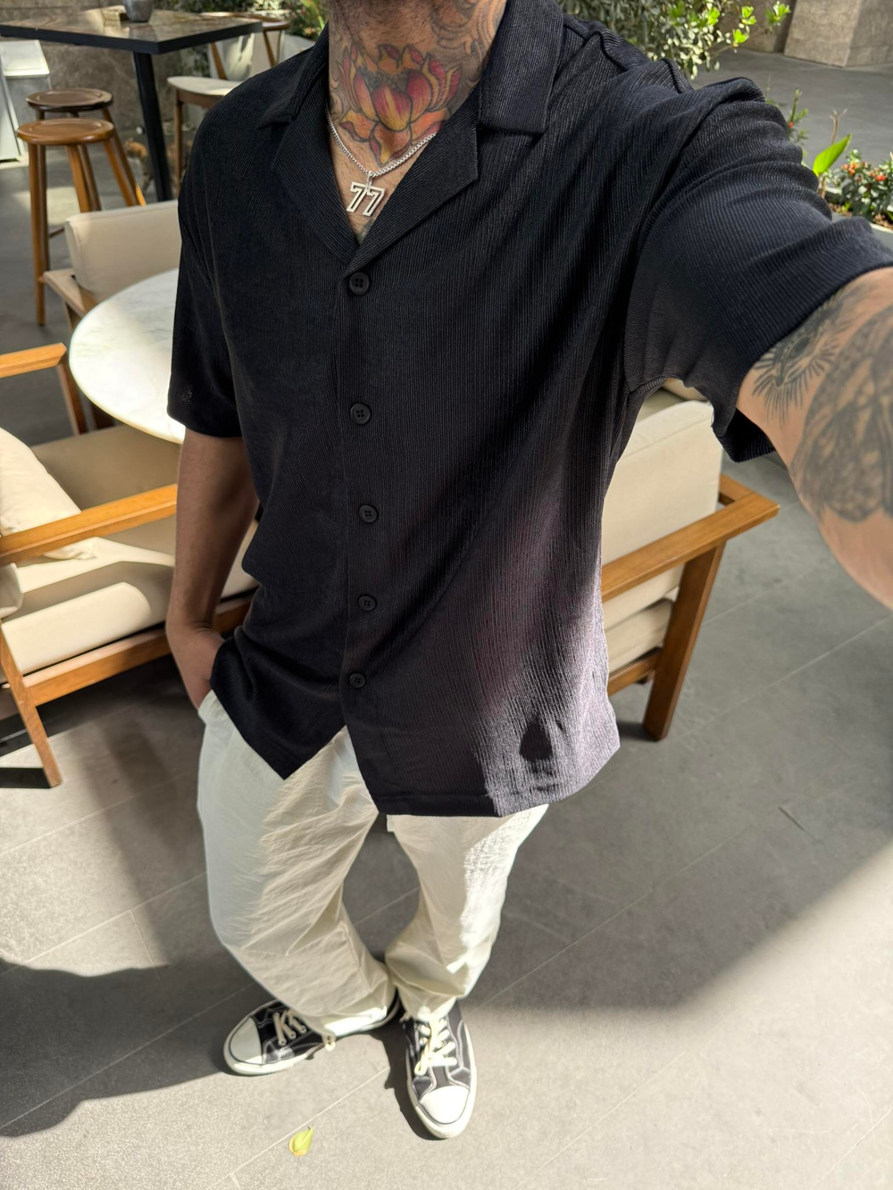 Cizgili Dokulu Gömlek - Siyah