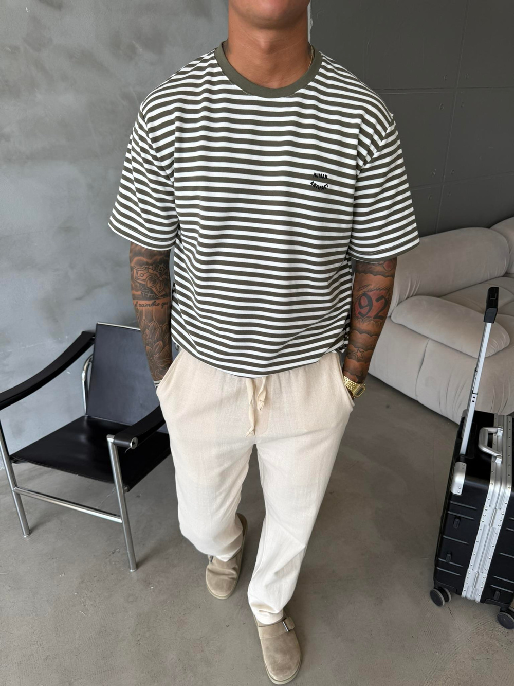 Cizgili Human Nakışlı T-Shirt - Haki