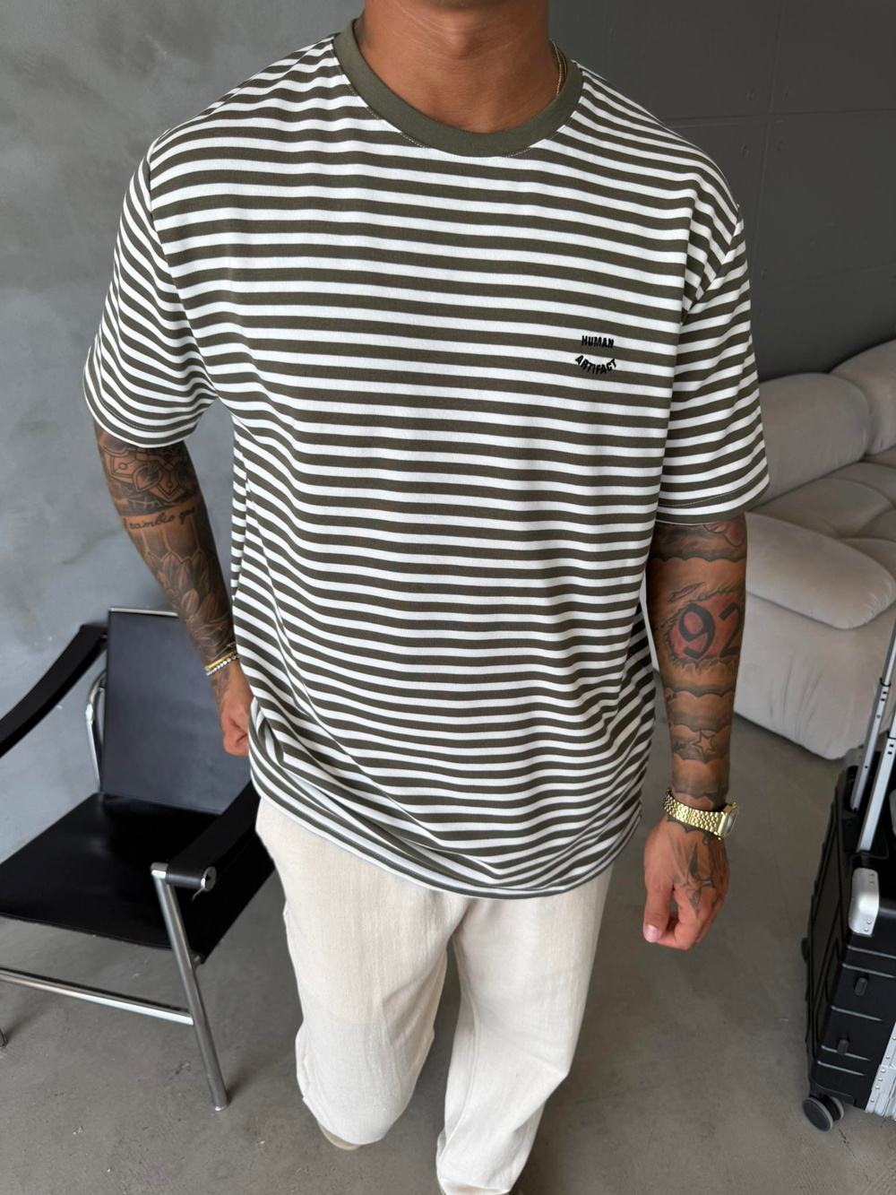 Cizgili Human Nakışlı T-Shirt - Haki