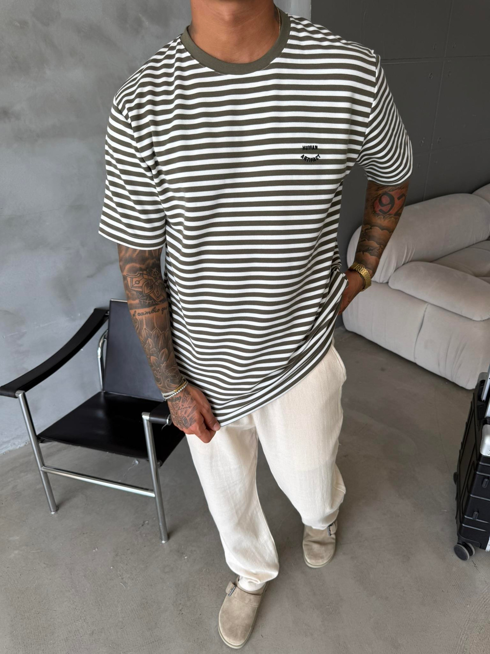 Cizgili Human Nakışlı T-Shirt - Haki