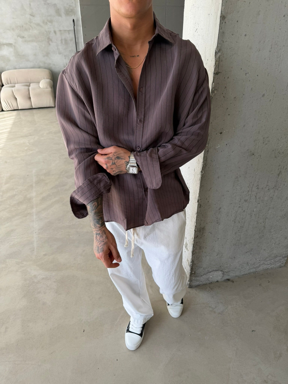 Cizgili Modal Basic Gömlek - Kahve