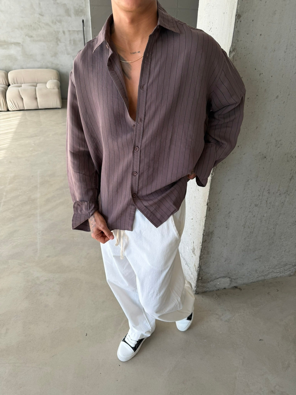 Cizgili Modal Basic Gömlek - Kahve