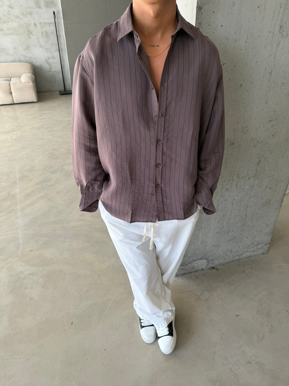 Cizgili Modal Basic Gömlek - Kahve