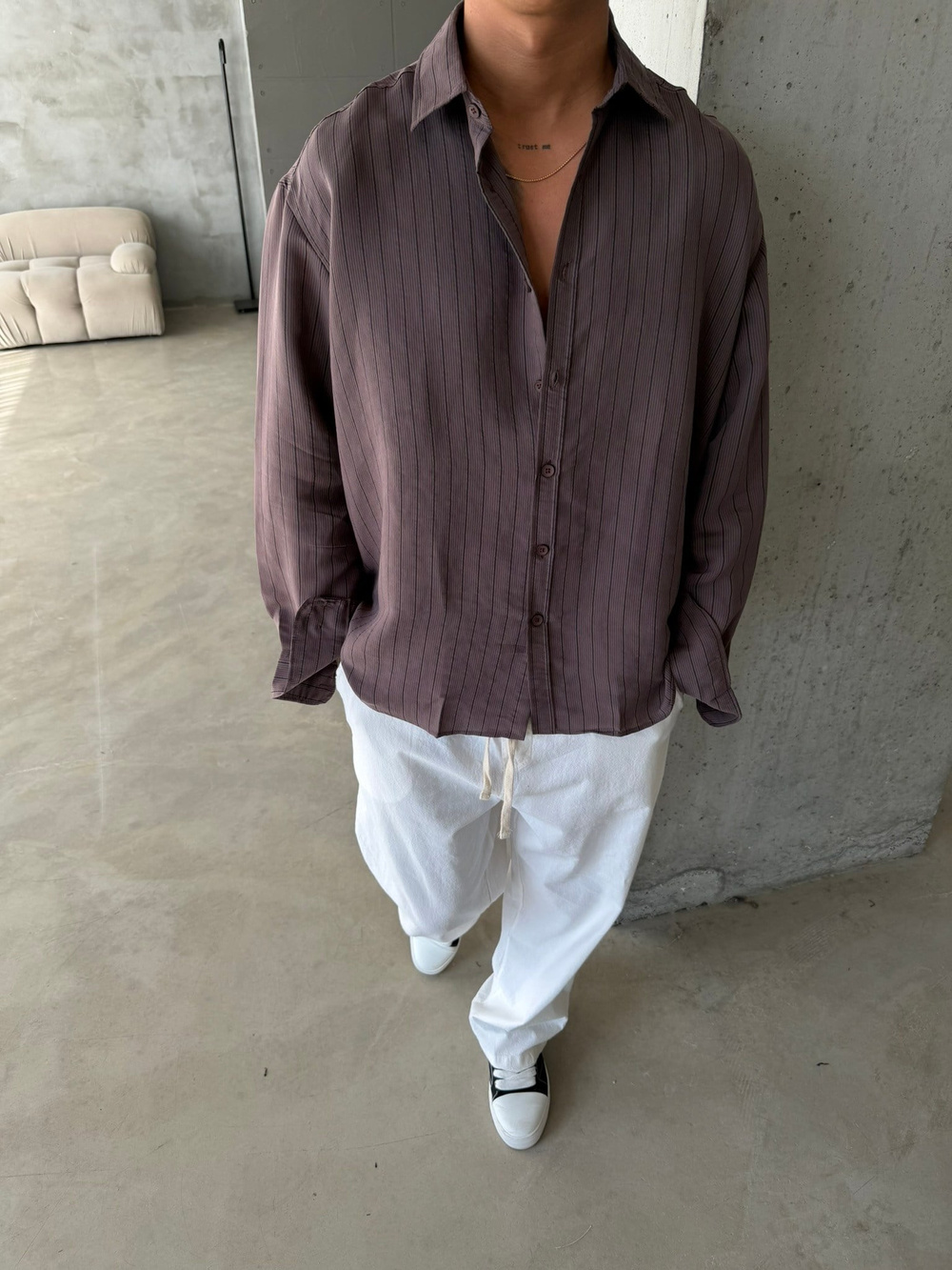 Cizgili Modal Basic Gömlek - Kahve