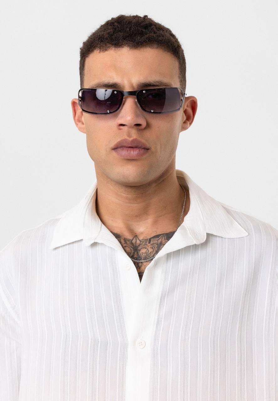 Çizgili Uzun Kol Oversize Gömlek - Beyaz