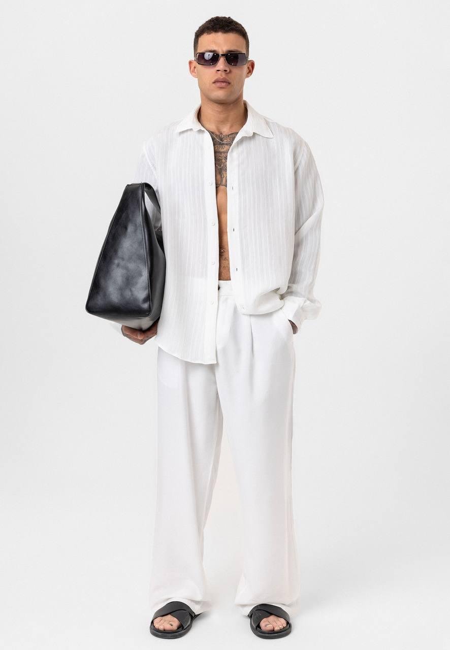 Çizgili Uzun Kol Oversize Gömlek - Beyaz