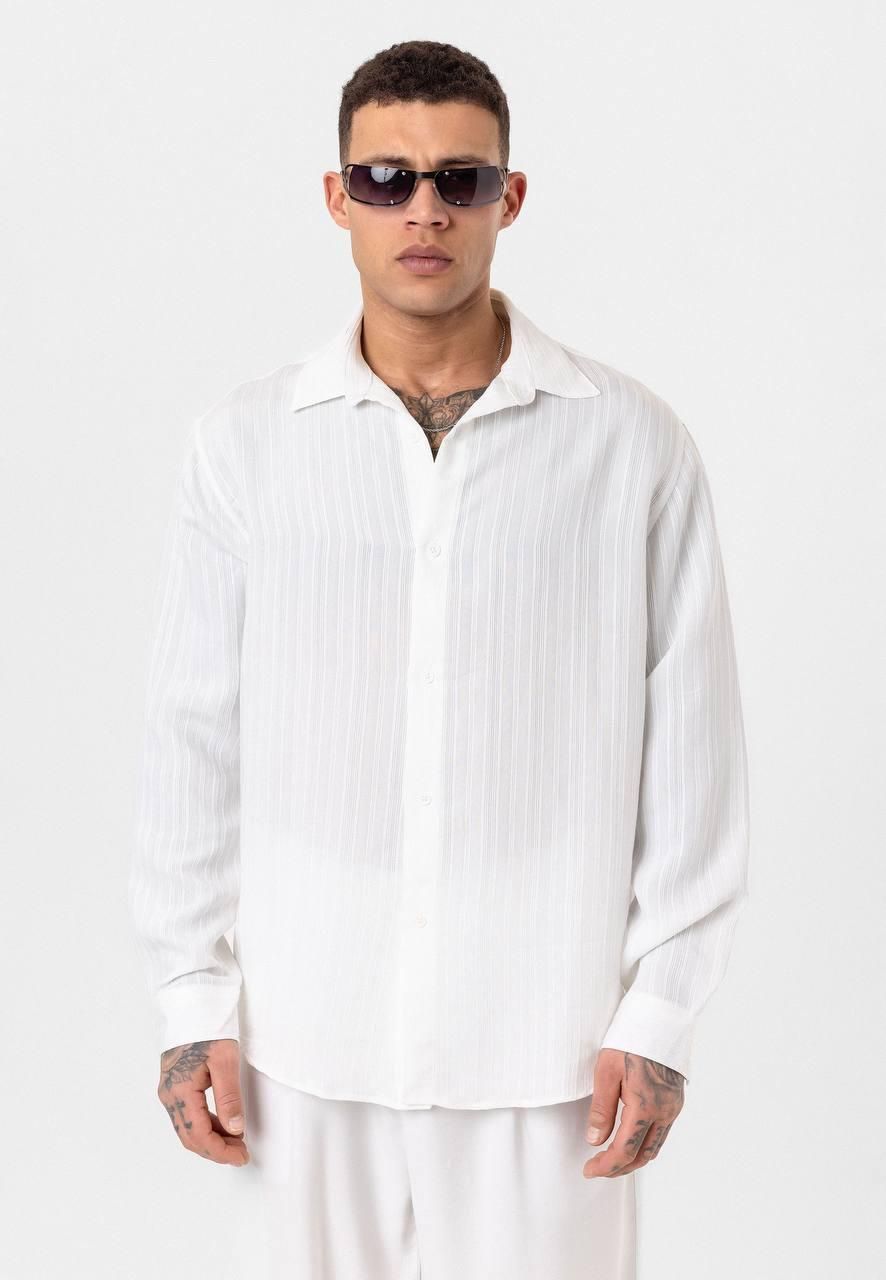 Çizgili Uzun Kol Oversize Gömlek - Beyaz