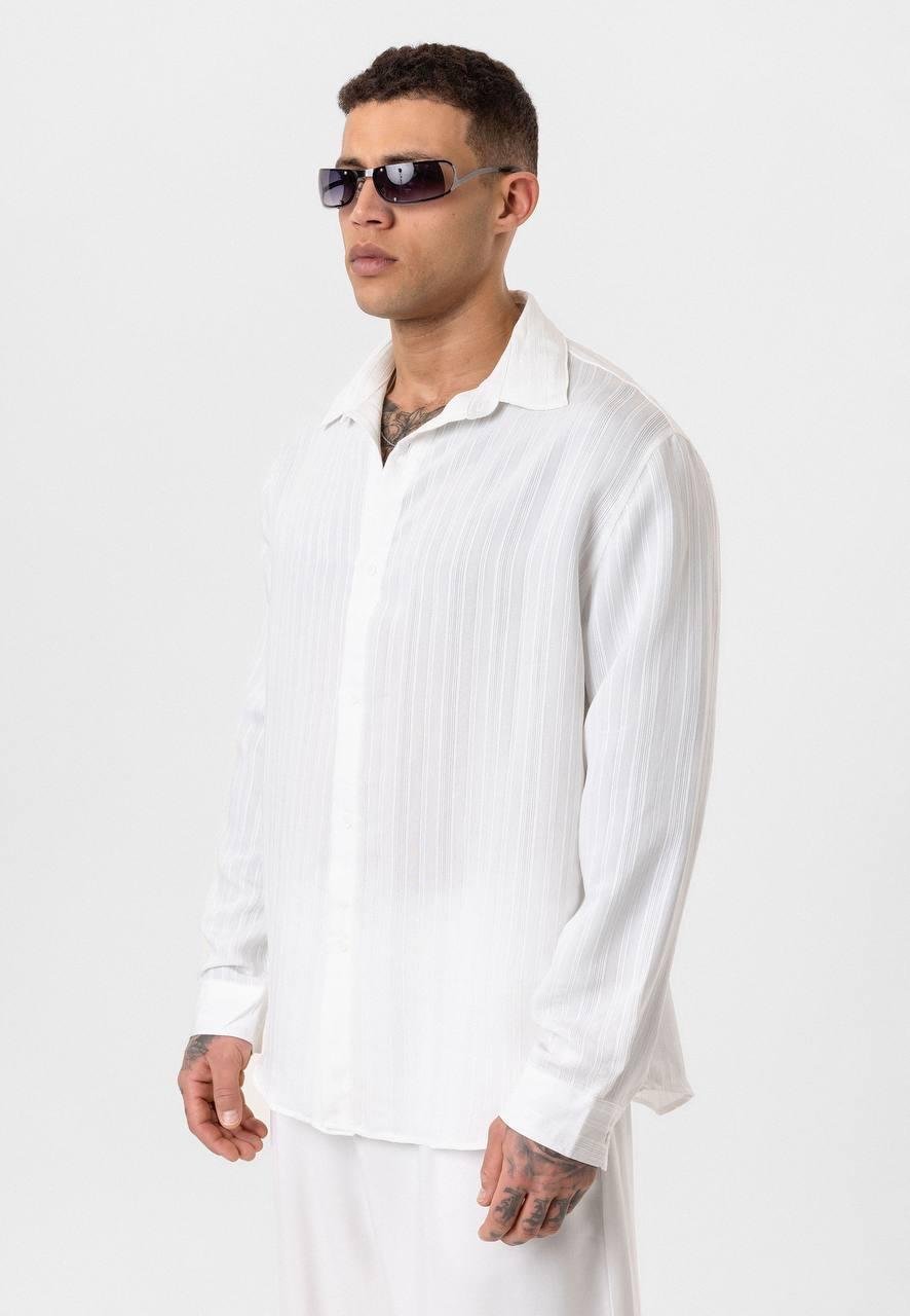 Çizgili Uzun Kol Oversize Gömlek - Beyaz