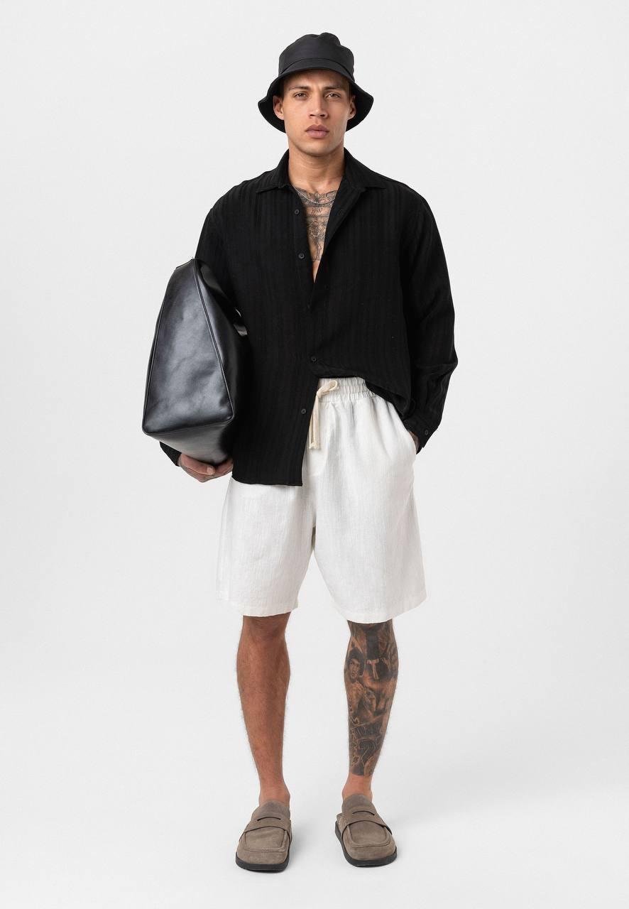 Çizgili Uzun Kol Oversize Gömlek - Siyah