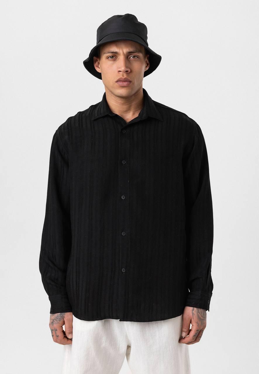 Çizgili Uzun Kol Oversize Gömlek - Siyah