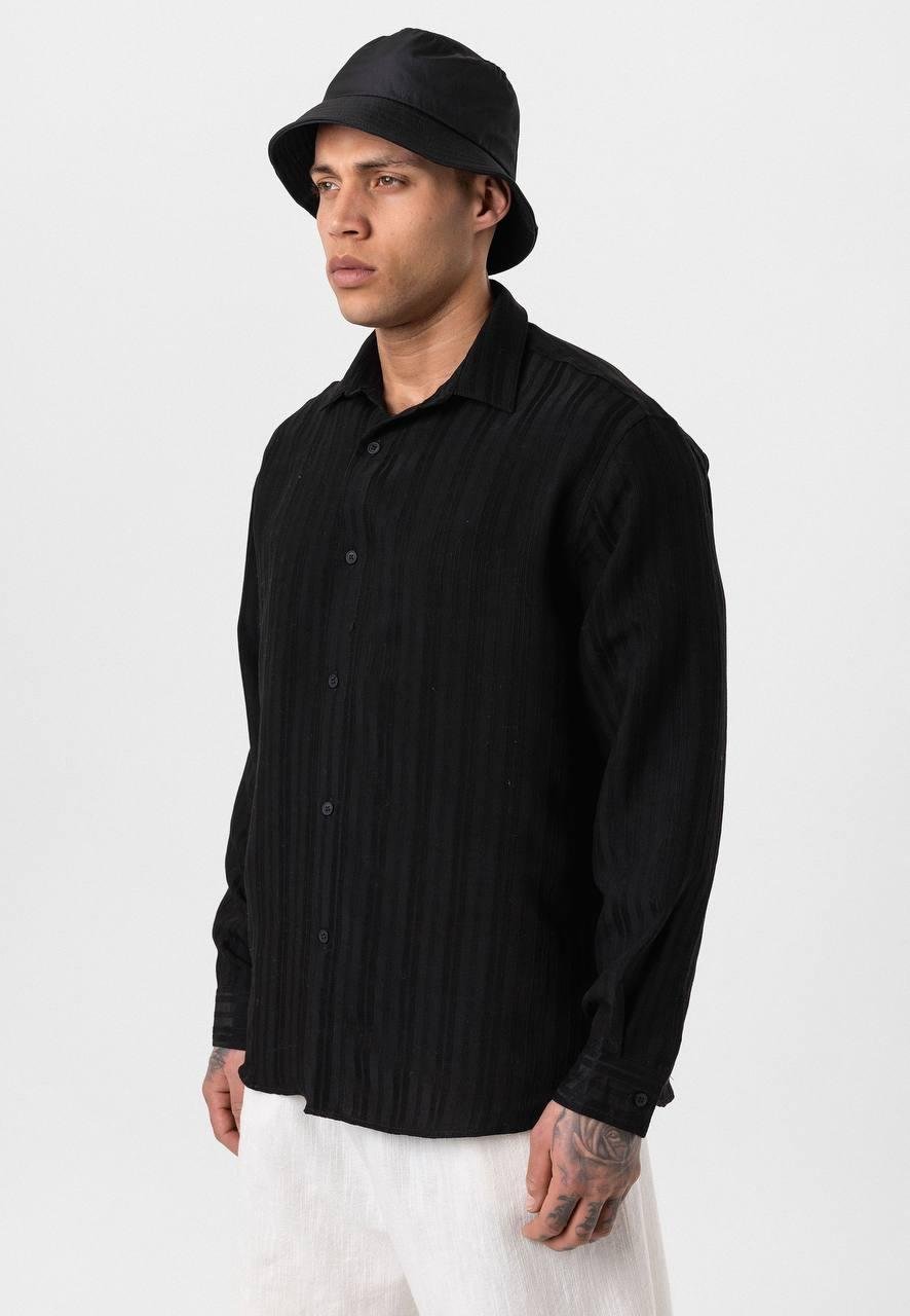 Çizgili Uzun Kol Oversize Gömlek - Siyah