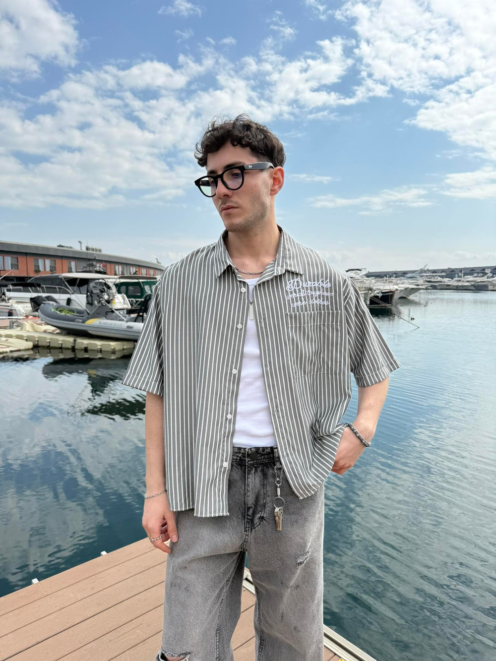 Club Prive Nakış Detay Kısa Kol Gömlek - Gri