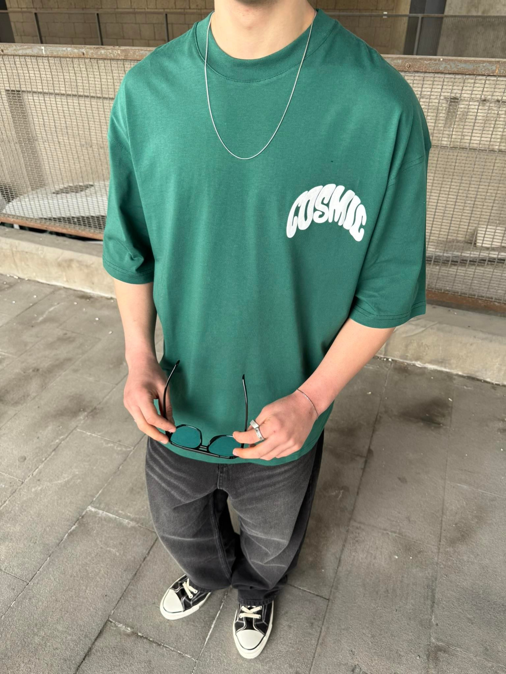 Cosmic Baskılı Oversize T-Shirt - Yeşil