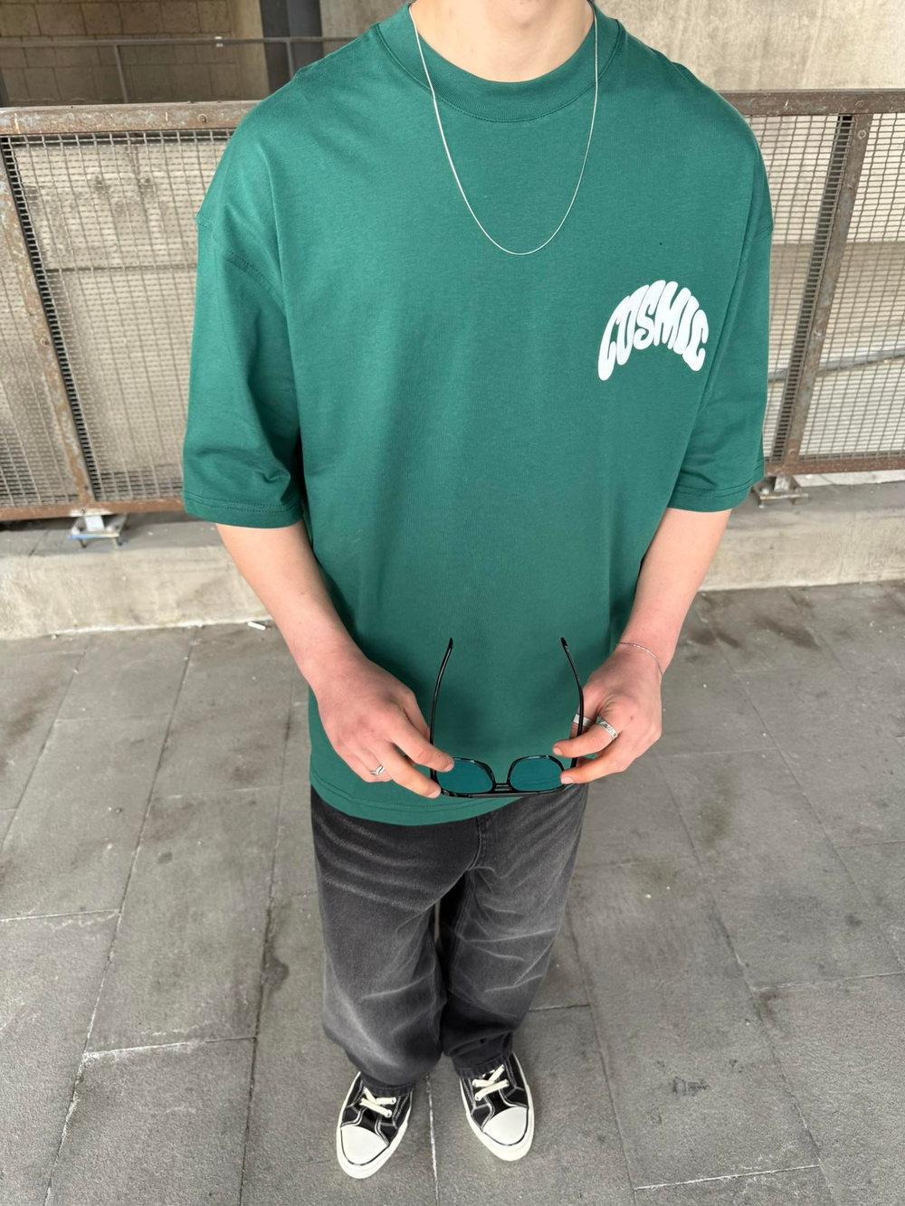 Cosmic Baskılı Oversize T-Shirt - Yeşil
