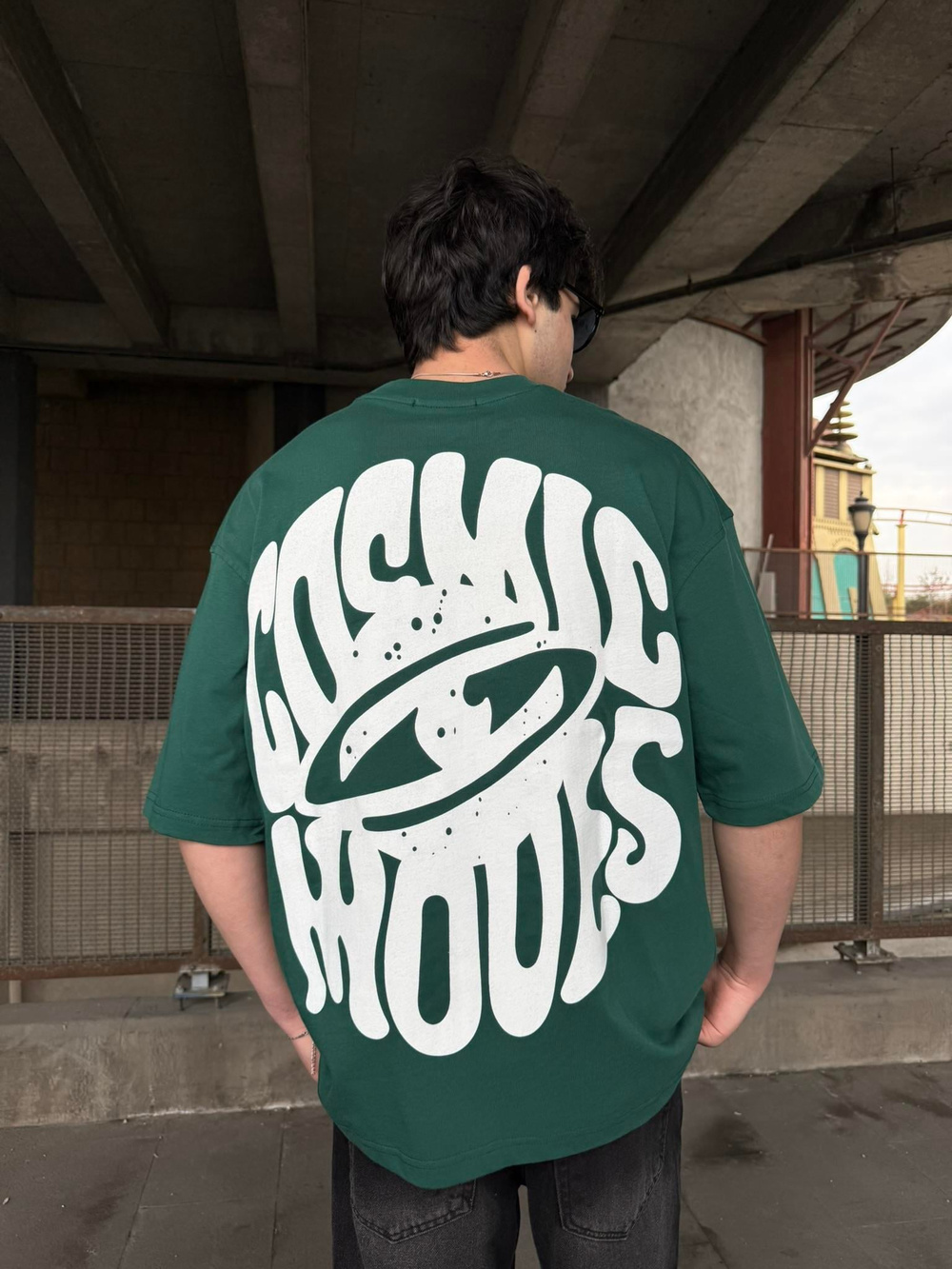 Cosmic Baskılı Oversize T-Shirt - Yeşil