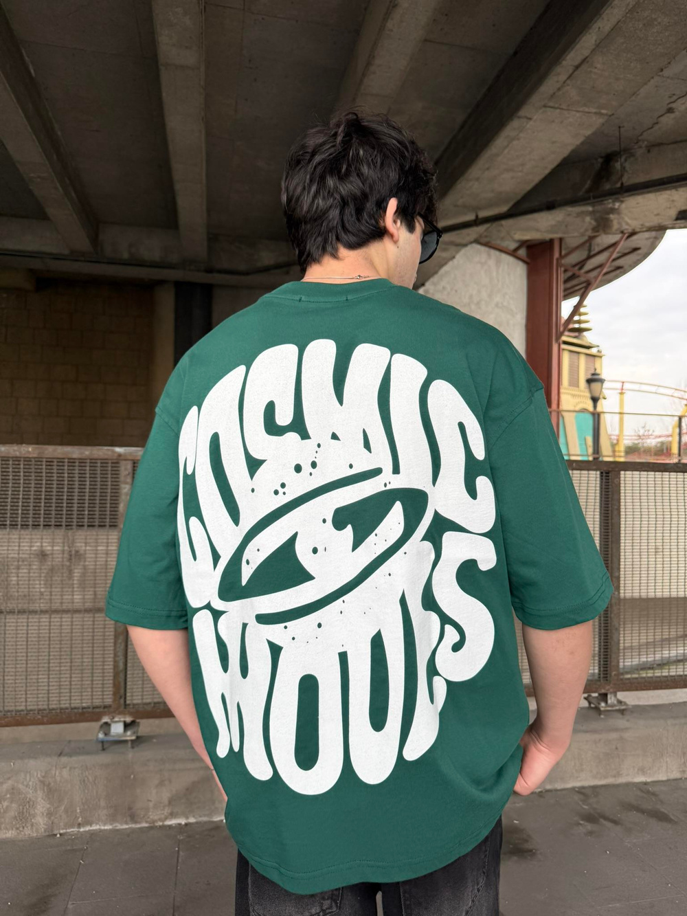 Cosmic Baskılı Oversize T-Shirt - Yeşil