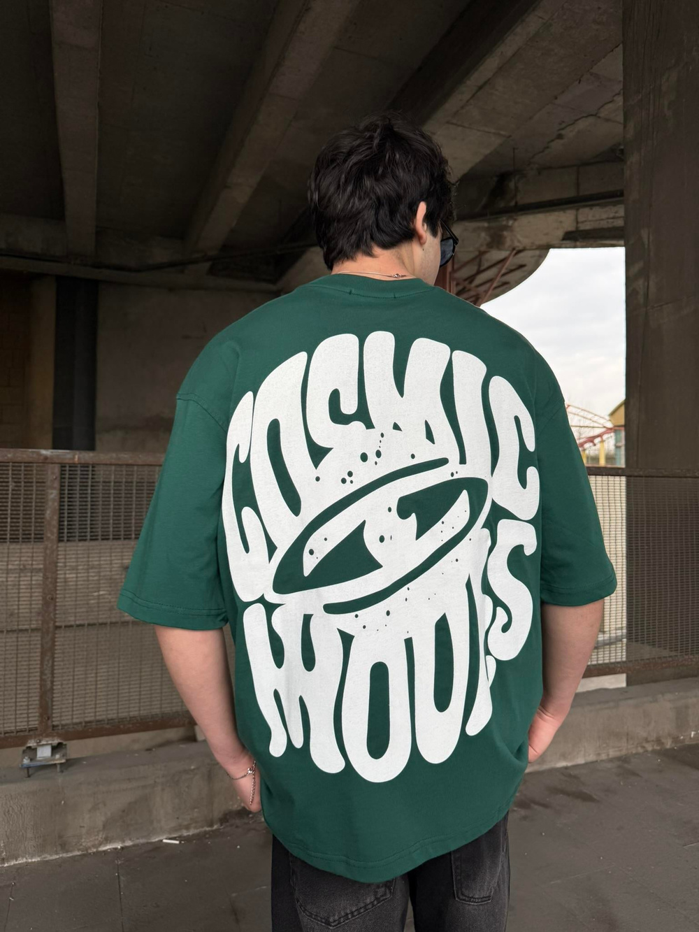 Cosmic Baskılı Oversize T-Shirt - Yeşil