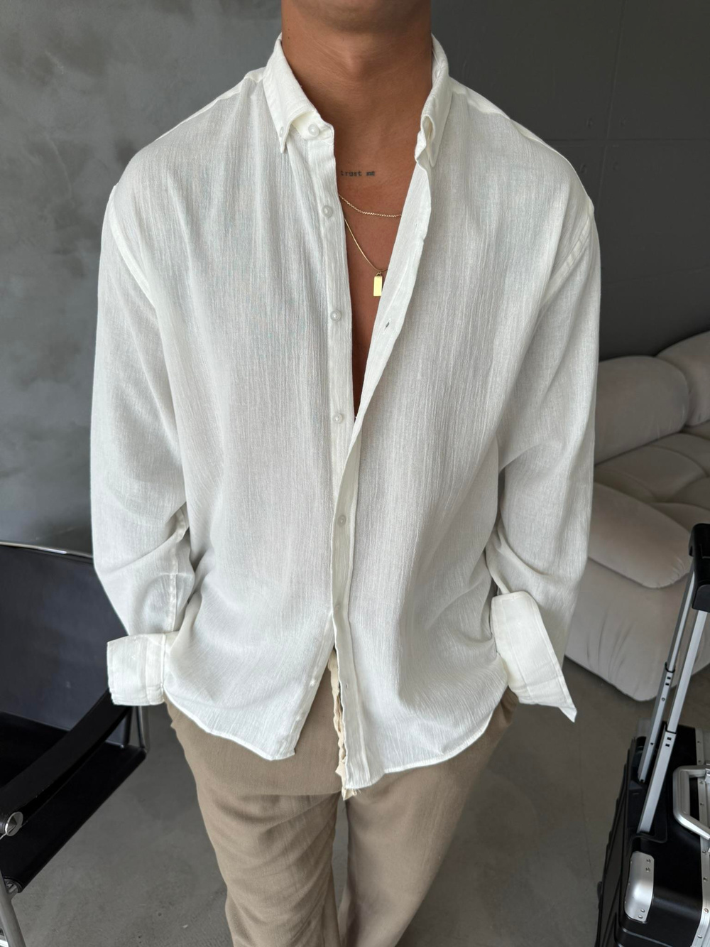Dokulu Keten Gömlek - Beyaz