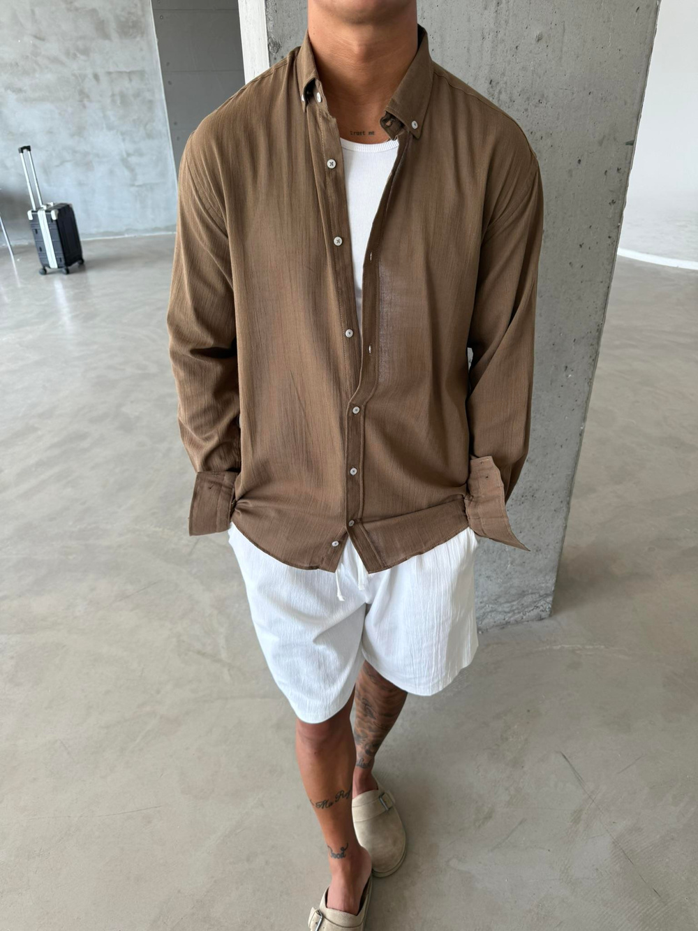 Dokulu Keten Gömlek - Kahve