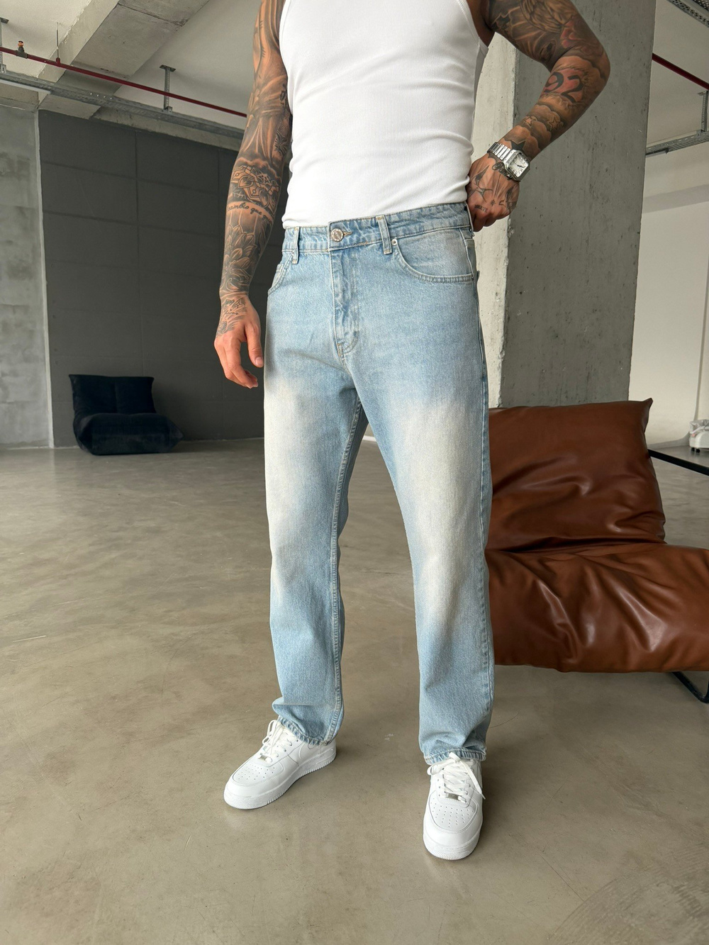 Düz Baggy Fit Basic Pantolon - Buz Mavi
