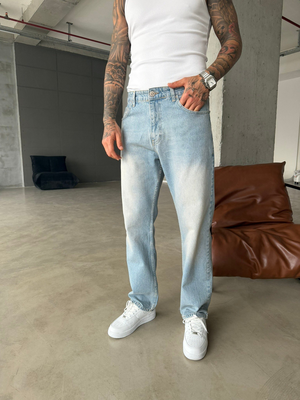 Düz Baggy Fit Basic Pantolon - Buz Mavi