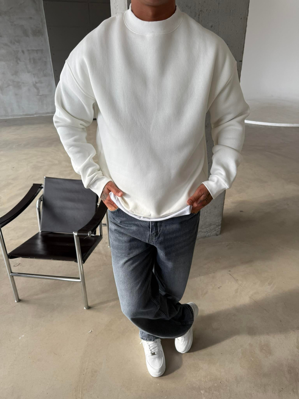 Düz Basic Bisiklet Yaka Sweat - Beyaz
