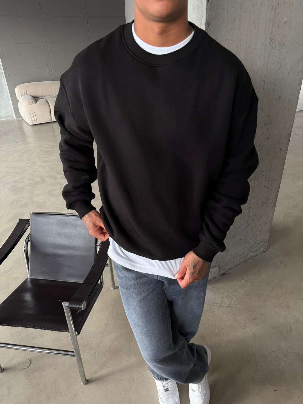 Düz Basic Bisiklet Yaka Sweat - Siyah